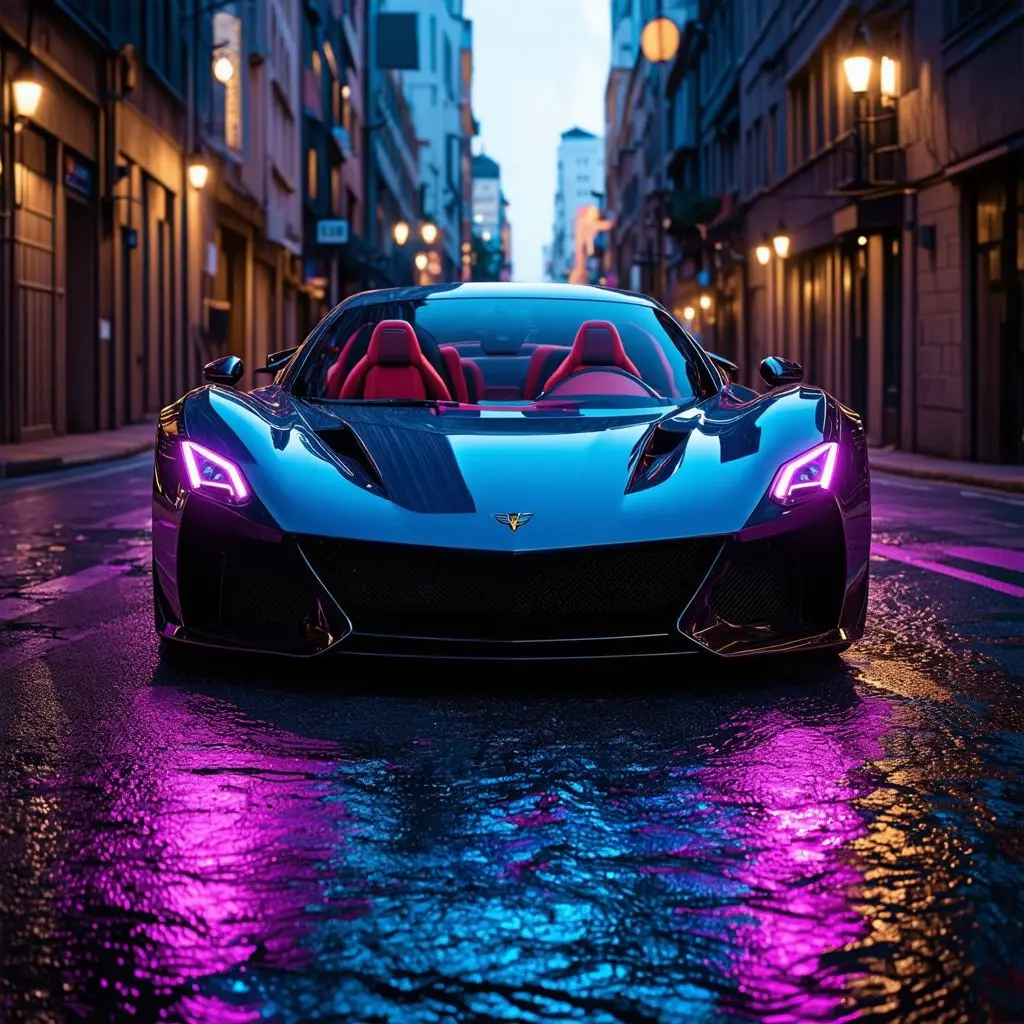 A luxury sports car viewed from the front, sleek and polished, illuminated by glowing violet and pink neon lights. The car's reflective surface shines with vibrant light effects, highlighting its aggressive, elegant design. The car is positioned on a dark, modern city street with wet pavement reflecting the neon colors. The headlights glow brightly, adding to the futuristic atmosphere. The entire scene is realistic, high-end, and glamorous, showcasing the car's luxury and power.