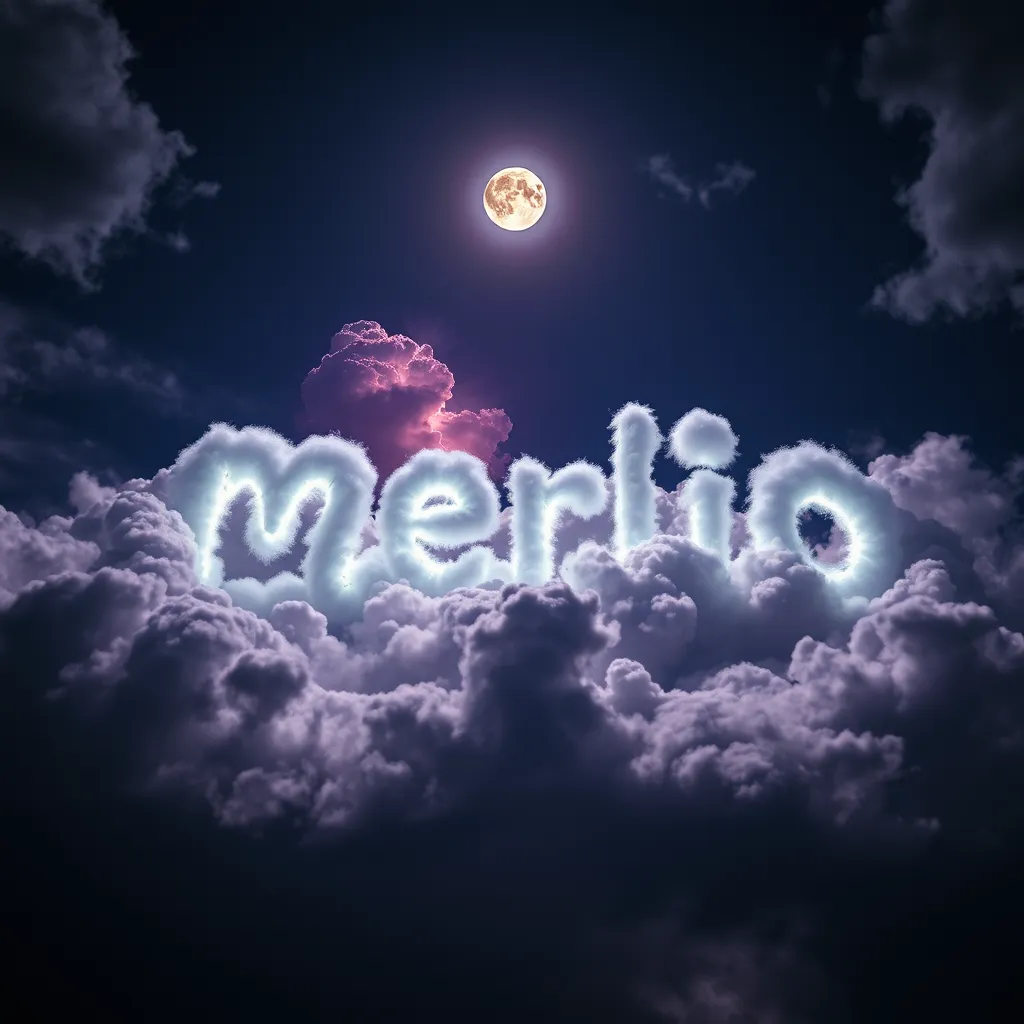 realistic photo of cloud writing spelling merlio floating in a night sky, soft white clouds illuminated by moonlight and enhanced with shades of purple and pink, dramatic thunderclouds swirling around, creating a striking contrast, the scene charged with an electrifying atmosphere, wide view to capture the entire display, dynamic lighting highlighting the clouds and the vivid colors, eye level, Canon EOS 5D