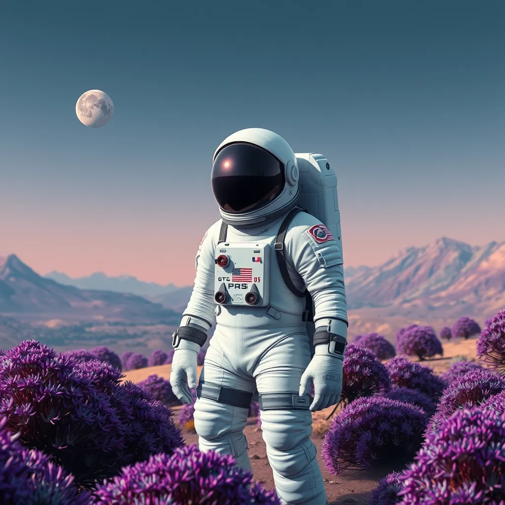 A hyper-realistic portrait of an astronaut standing on a distant planet with vibrant purple and blue alien flora, under a sky filled with three moons. logo