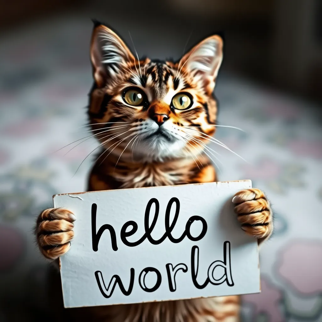 a cat holding a sign that says hello world logo