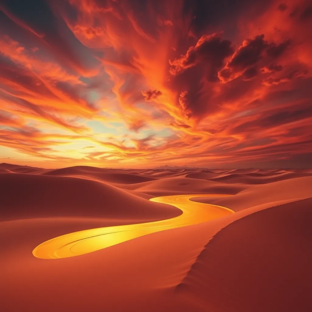 A surreal desert landscape where the sand dunes transition into a sea of liquid gold under a sky filled with swirling clouds of red and orange logo