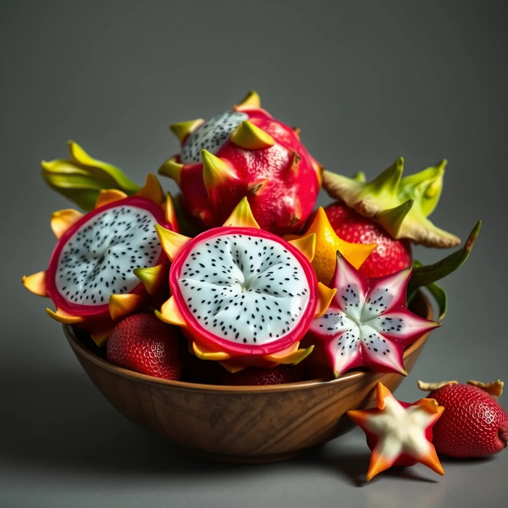 A photorealistic still life of a bowl of exotic fruits, including dragon fruit, rambutan, and starfruit, with intricate textures and soft natural lighting. logo