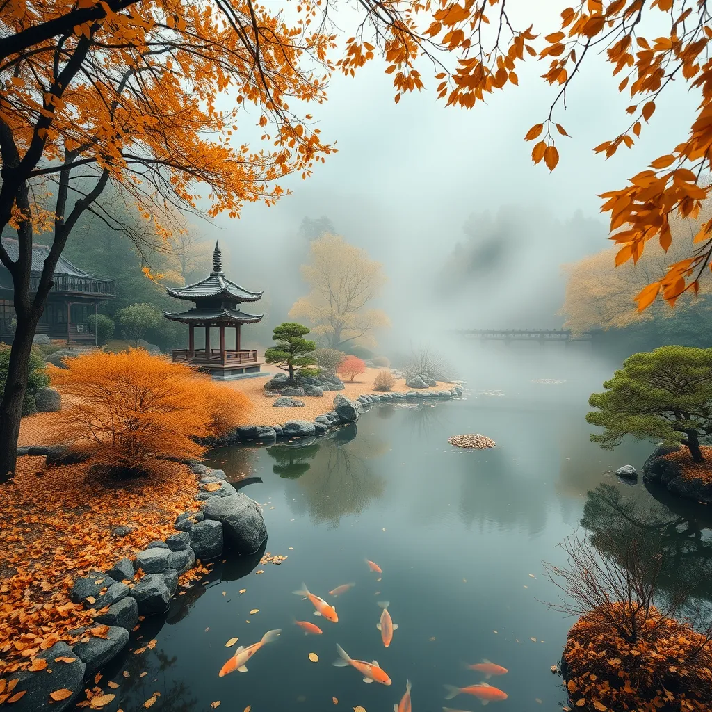 A peaceful Japanese Zen garden in autumn, with falling golden leaves, a small pagoda, and mist rising from a serene koi pond. logo