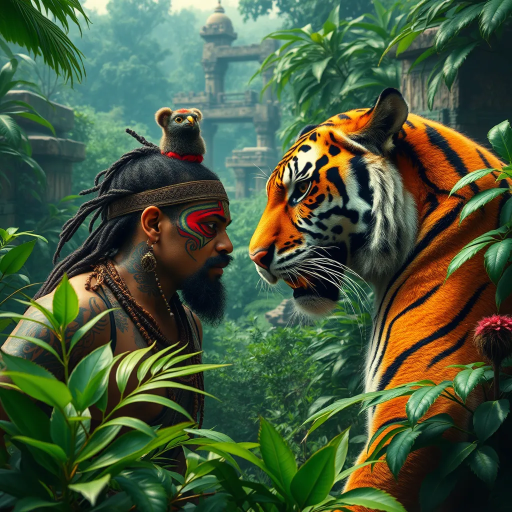 A vibrant jungle with a tribal hunter, painted in tribal tattoos, face-to-face with a majestic tiger, surrounded by thick foliage and ancient ruins. logo