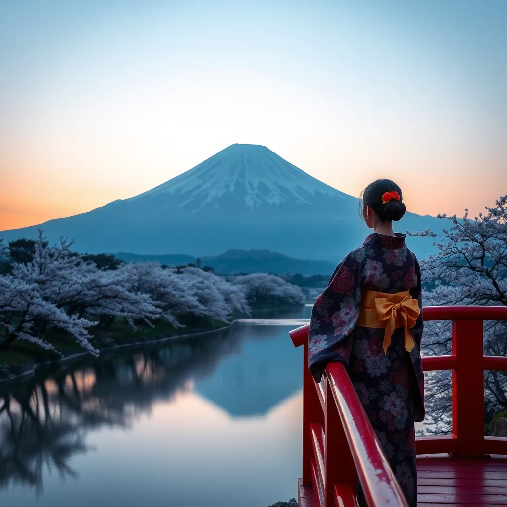 A breathtaking view of Mount Fuji at sunrise, with cherry blossom trees in full bloom lining a tranquil lake, and a serene woman in a traditional kimono standing on a red bridge, gracefully admiring the scene logo