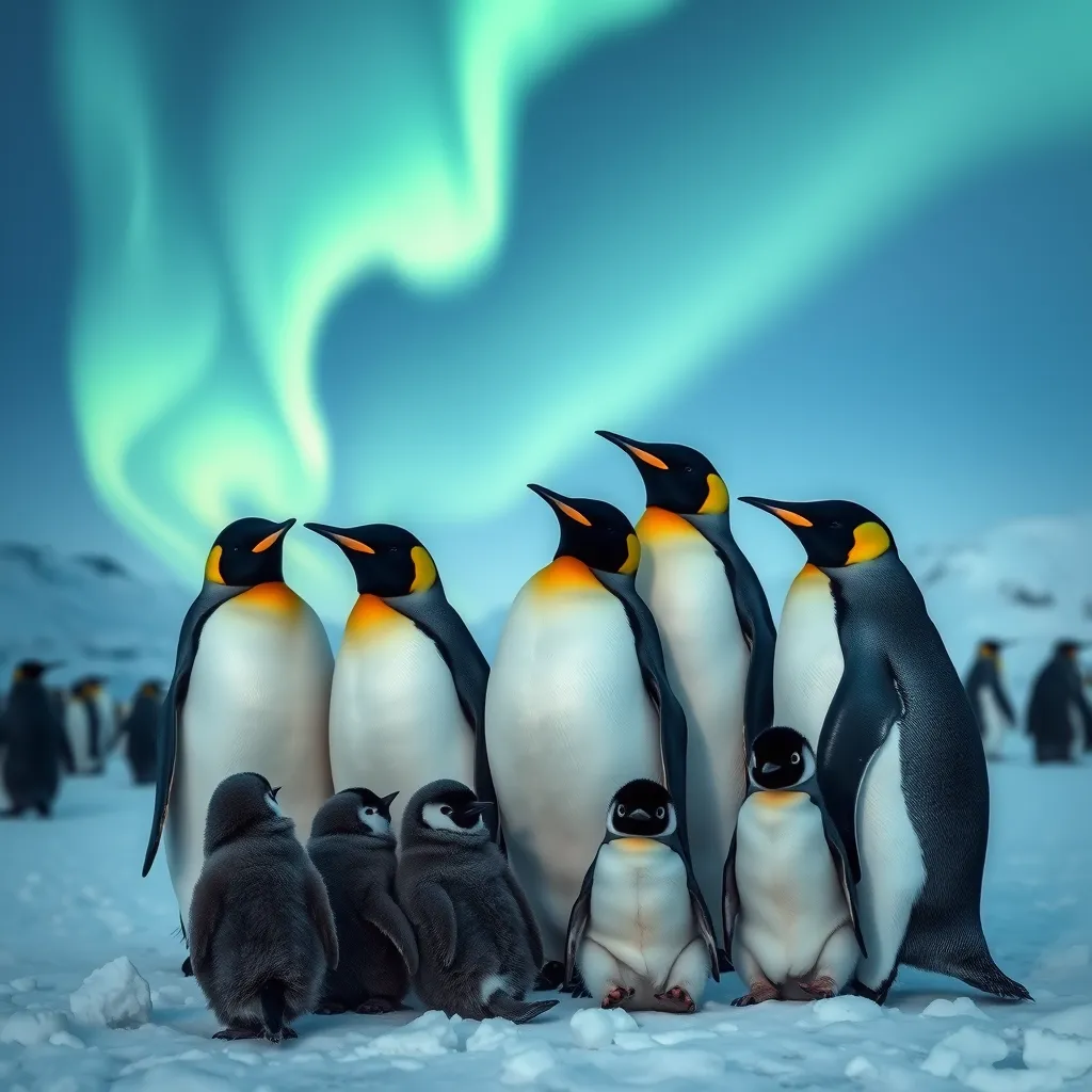 a serene family portrait of a group of penguins huddling together on an icy landscape, with the northern lights dancing across the sky in the background logo