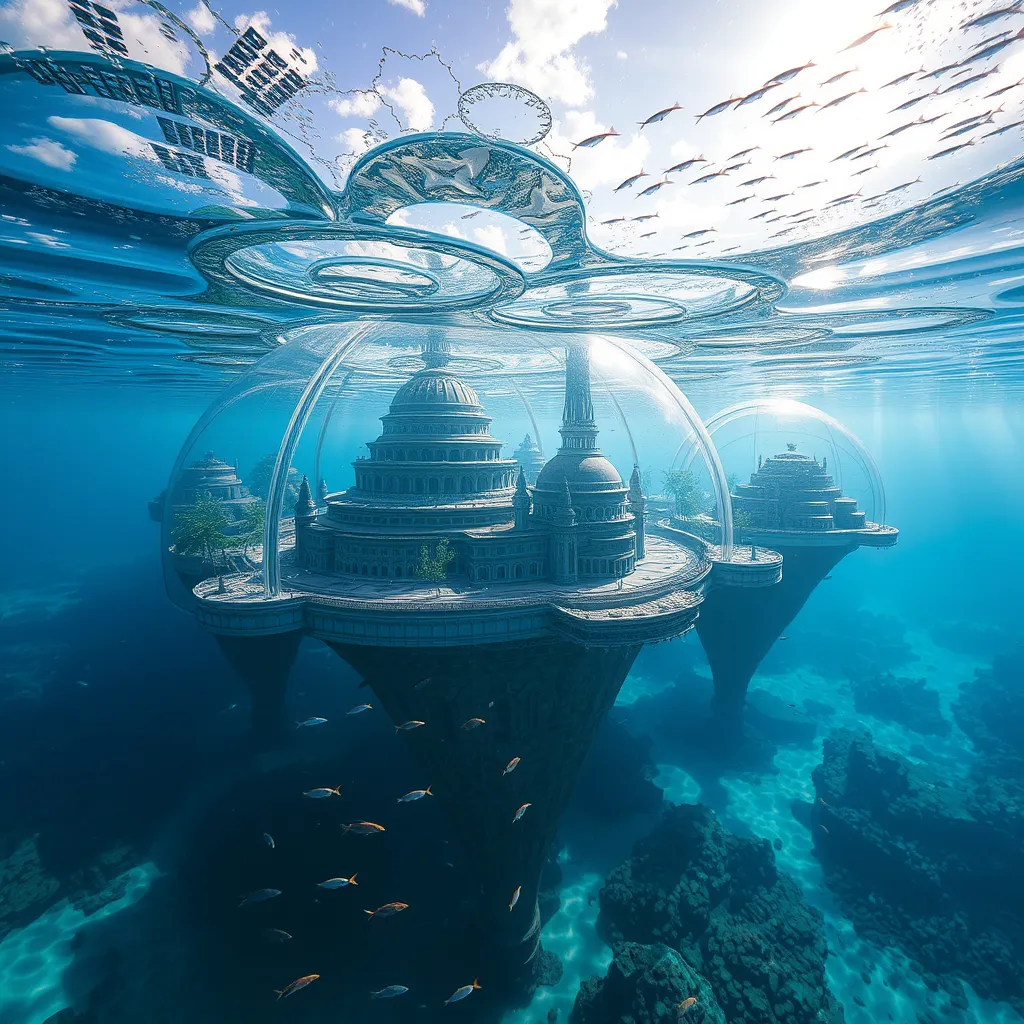 An underwater city built inside giant transparent domes, with marine life swimming around, and sunlight filtering through the ocean surface. logo