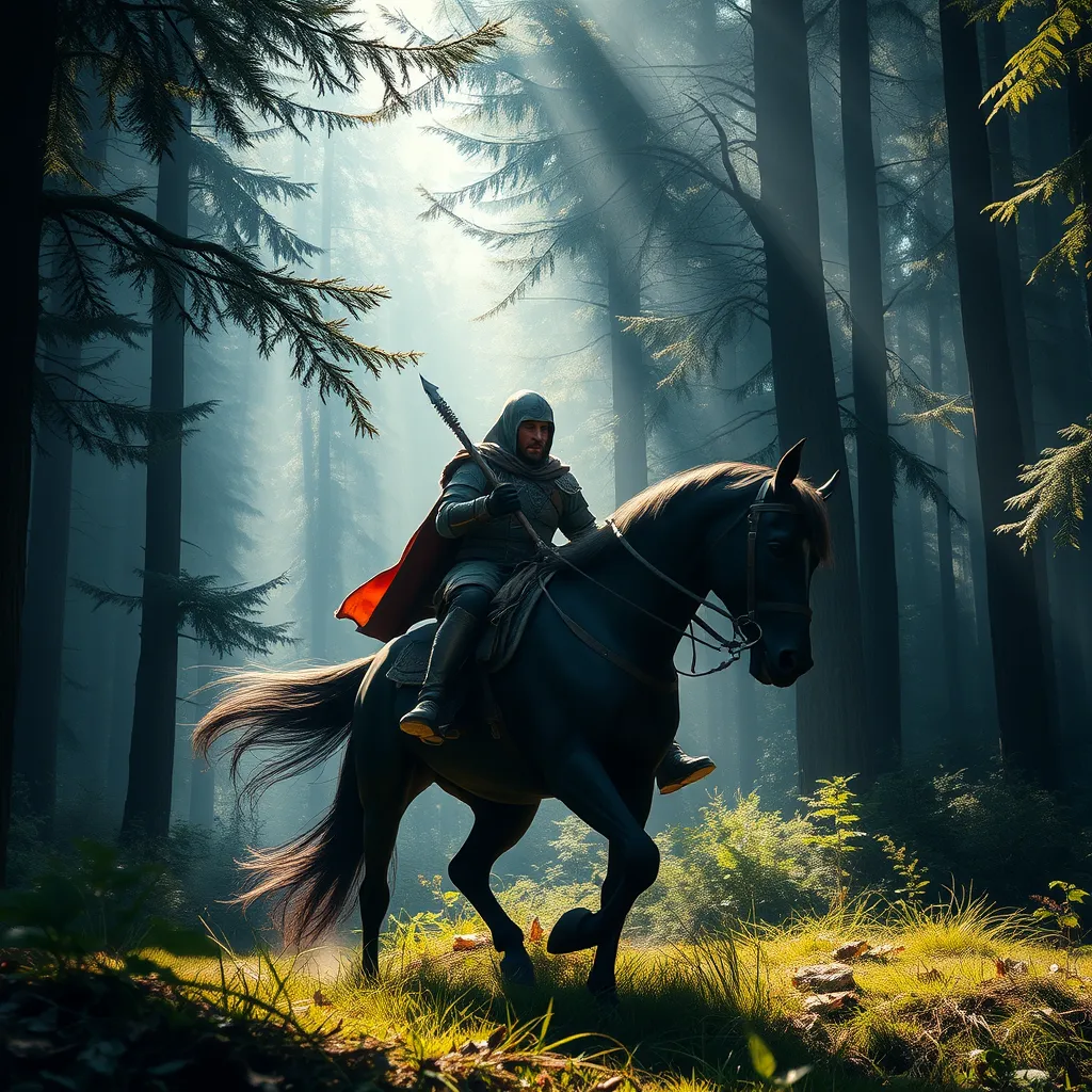 A warrior riding a black stallion through a dense forest, with sunlight piercing through the trees and casting dynamic shadows logo