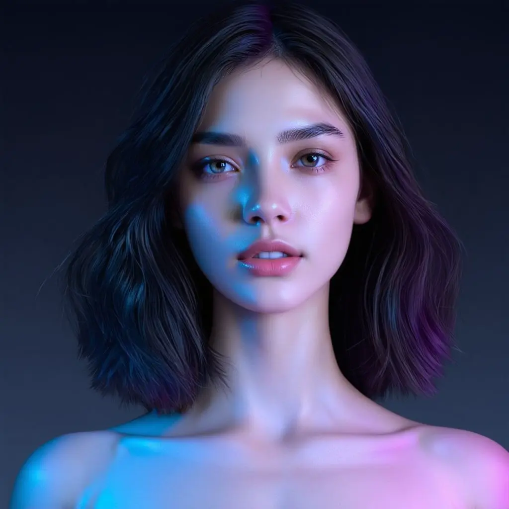 A hyper-realistic portrait of a young woman, with smooth skin and detailed facial features. She has medium-length, flowing dark hair and soft lighting enhances her face. The background is a simple dark gradient with purple and neon accents, giving a modern and futuristic feel. The image is focused on the face, with a calm, neutral expression and subtle makeup that looks natural.